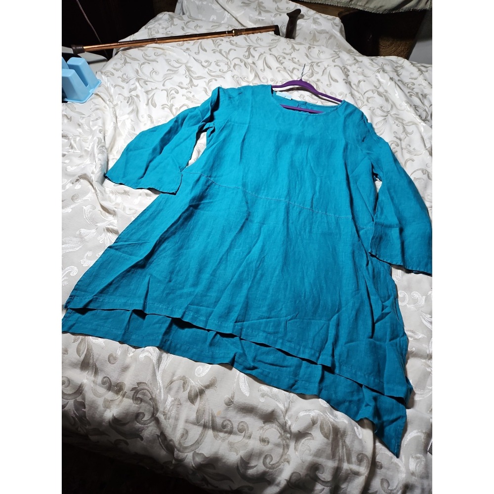 Bryn Walker Linen Tunic Boho Lagenlook Preppy Teal Green Split Sides Flowy Sz L